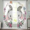 Cute Elephant With A Floral Wreath Tulle Curtain For Living Room Sheer Valance Curtain For Kitchen Bedroom Window Drapes