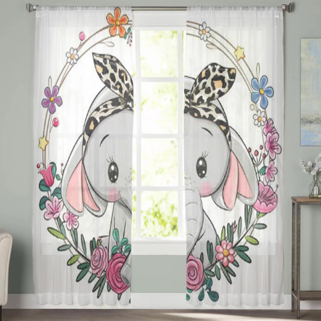 Cute Elephant With A Floral Wreath Tulle Curtain For Living Room Sheer Valance Curtain For Kitchen Bedroom Window Drapes
