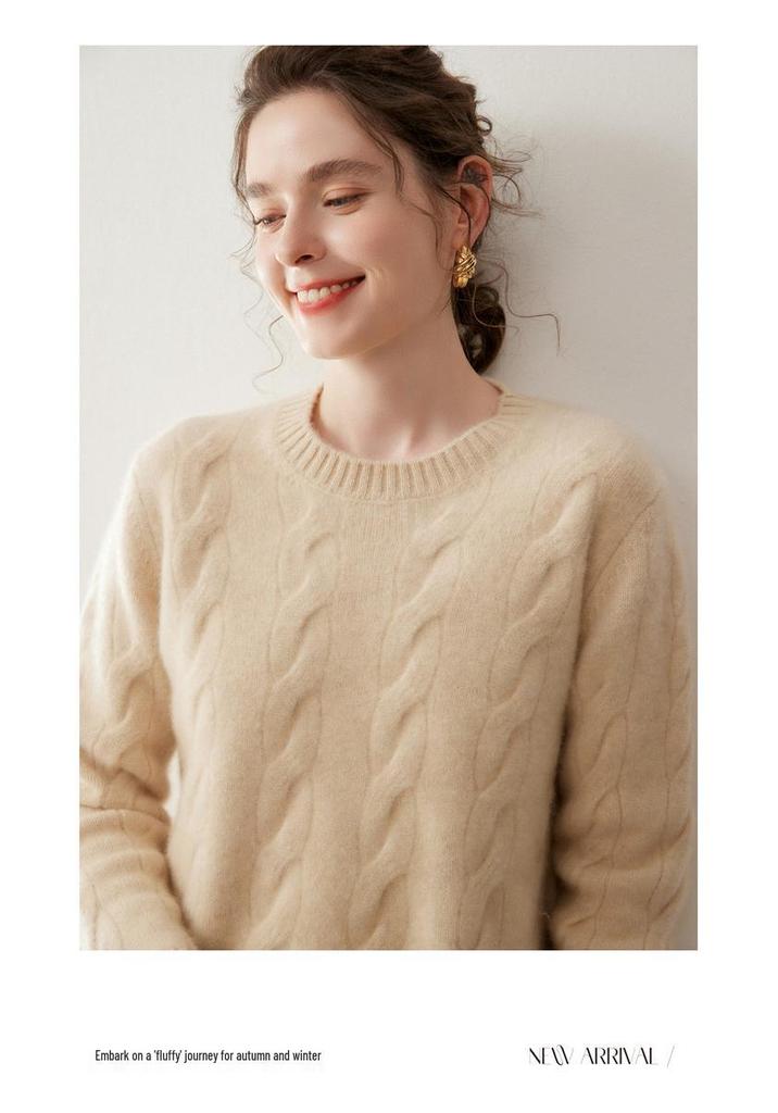 Women's Three-Ply Cashmere Cable Knit Drop Shoulder Sweater: Autumn/Winter Casual Loose Pullover