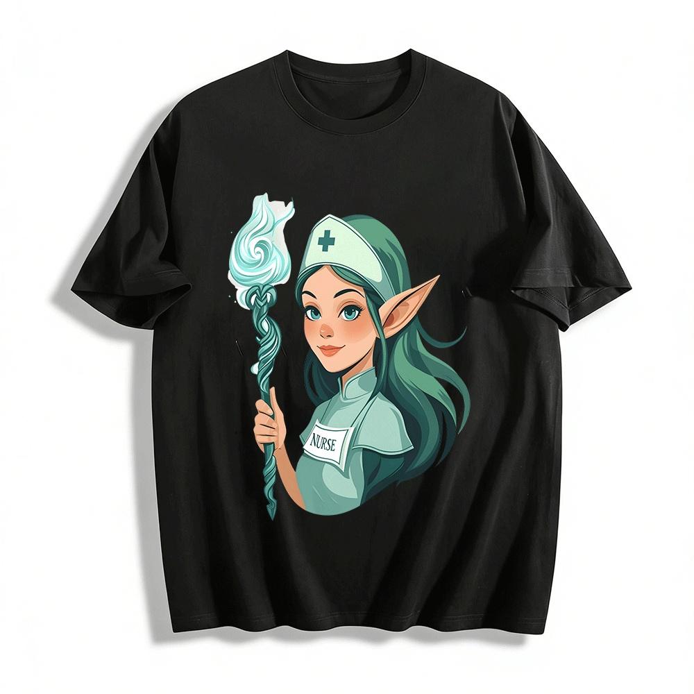 

Magical Elf Nurse Themed Print Casual Top Pure cotton T-shirt 6XL