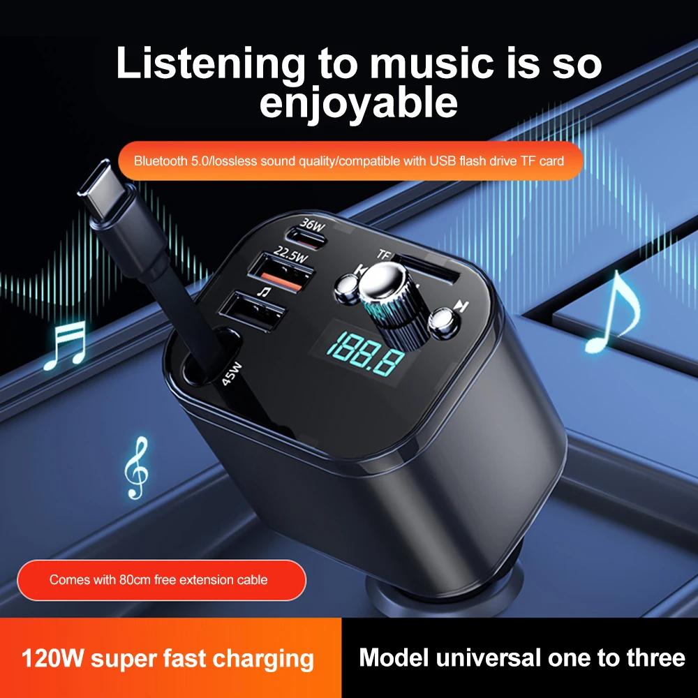 3 IN 1 Dual USB PD QC3.0 Retractable Car Charger Bluetooth 5.0 Handsfree Call Wireless Car Kit FM Transmitter MP3 Music Player