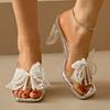 Fashion Lace Pearl Bowknot High Heel Slippers for Women Summer Square Toe Transparent Heeled pvc Sandals Woman Fashion Party Dress Shoes