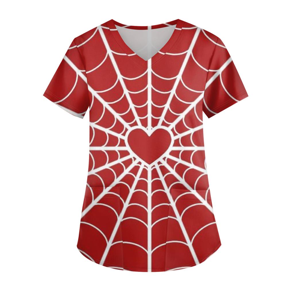 Ladies' Valentine's Day Printed Fashionable V-neck Pocket Short Sleeved Uniform And Caregiver Top