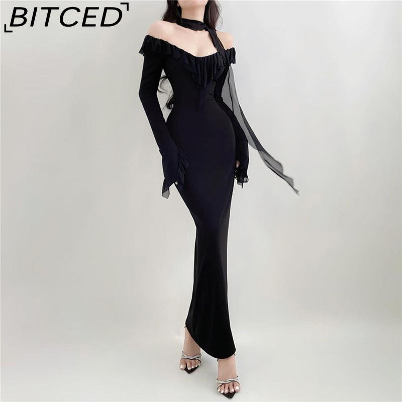 

BITCED Women s Autumn/Winter Sexy Long-Sleeved Off-the-Shoulder High-Waisted Bodycon Dress L чёрный