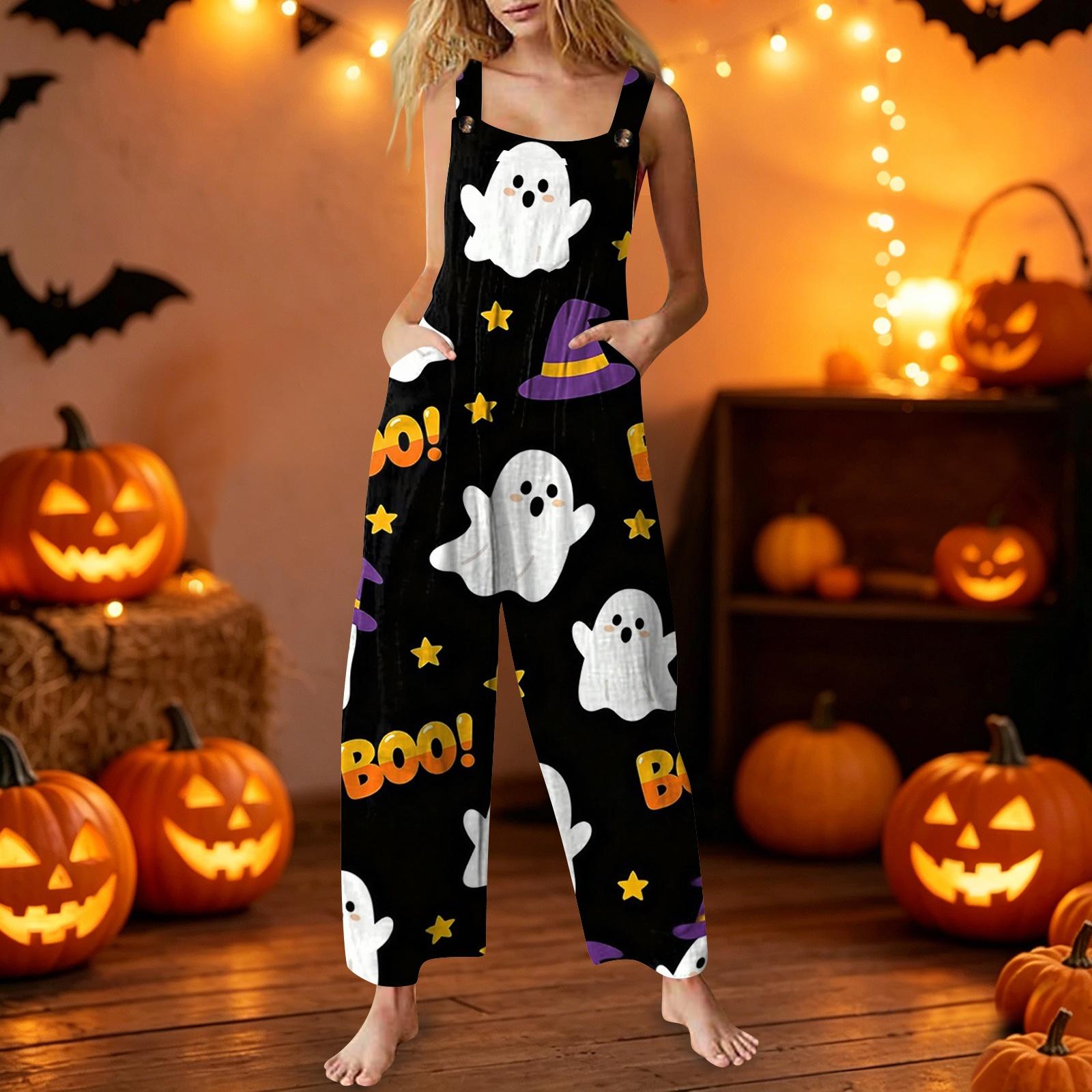 Women s Sleeveless Jumpsuit Halloween Pumpkin Print Cotton Casual Overalls Wide Leg Romper L чёрный