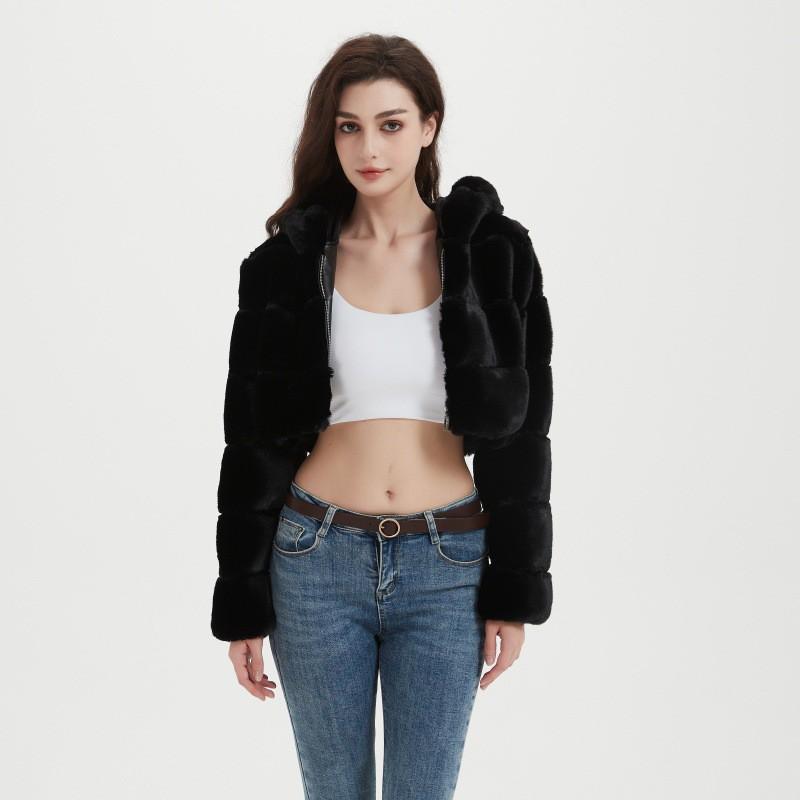 2026 Fall Winter Faux Fur Jacket Women Short Hooded Patchwork Coat Streetwear