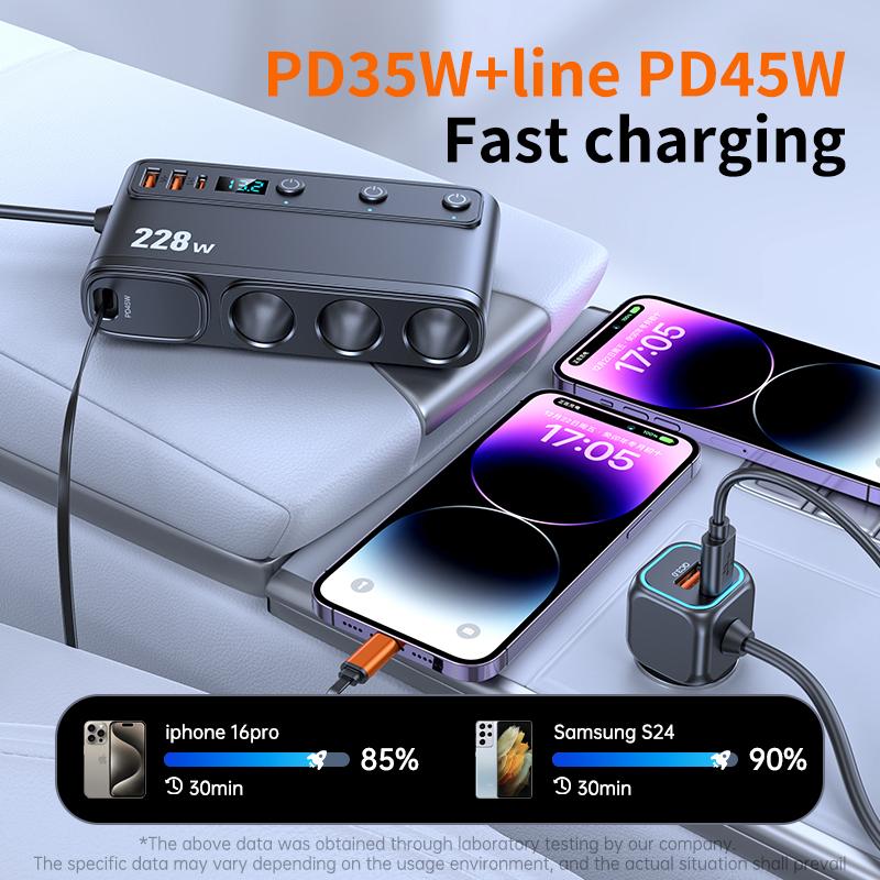 Divisor de Tomada de Isqueiro de 3 Tomadas para Carro, Adaptador Carregador de Carro 9 em 1 com 2x PD3.0 + Carga Rápida QC, 228W 12V/20V, Interruptores Independentes DC para Todos os Carros
