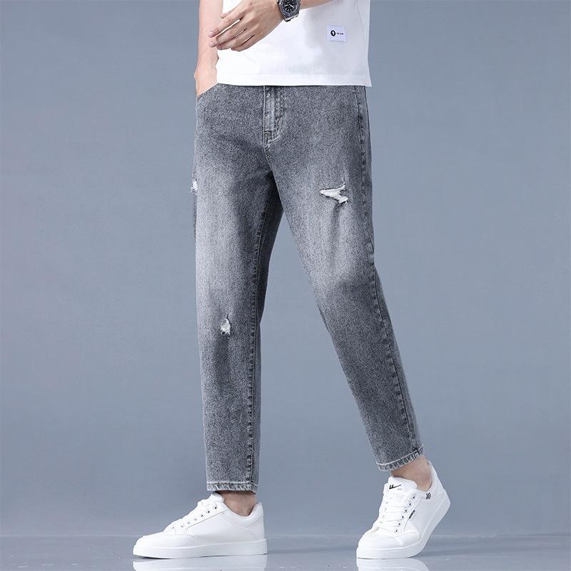 New Spring and Summer Men's Pants Slim Fit Ripped Thin Small Feet Pants Korean Version