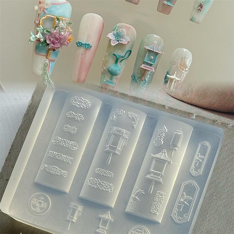 3D Silicone Nail Art Mold Template Lotus Lantern Goldfish Plate Buckle Carving Stencil Tool Diy Design Manicure Charm Decor