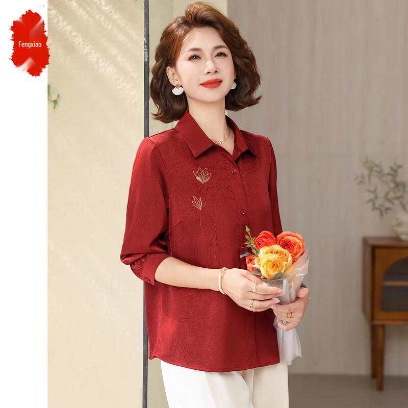 Women s Middle-aged Floral Chiffon Blouse 4XL