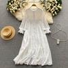 Sexy Hollow Out Lace Dress for Women Summer Sweet O Neck Long Sleeve Mid Length A Line Dresses