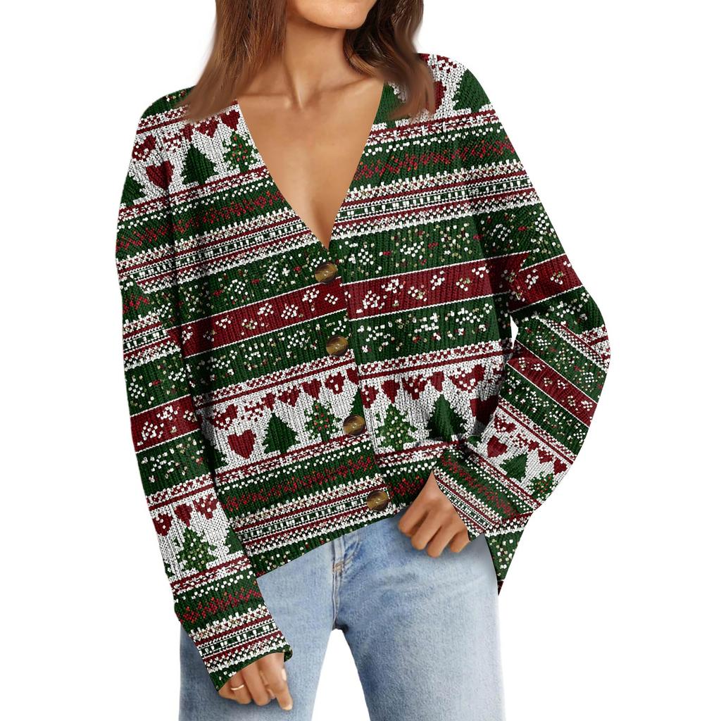 Women's Fashion Long Sleeve Christmas Print V-Neck Button Loose Cardigan Top