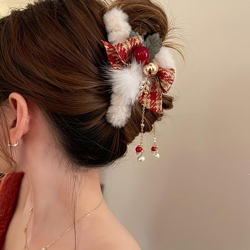 Christmas Style Patterned Bow Hair Clip Bell Pendant Plush Decoration Holiday Cute and Exquisite Hairstyle Hair Accessory