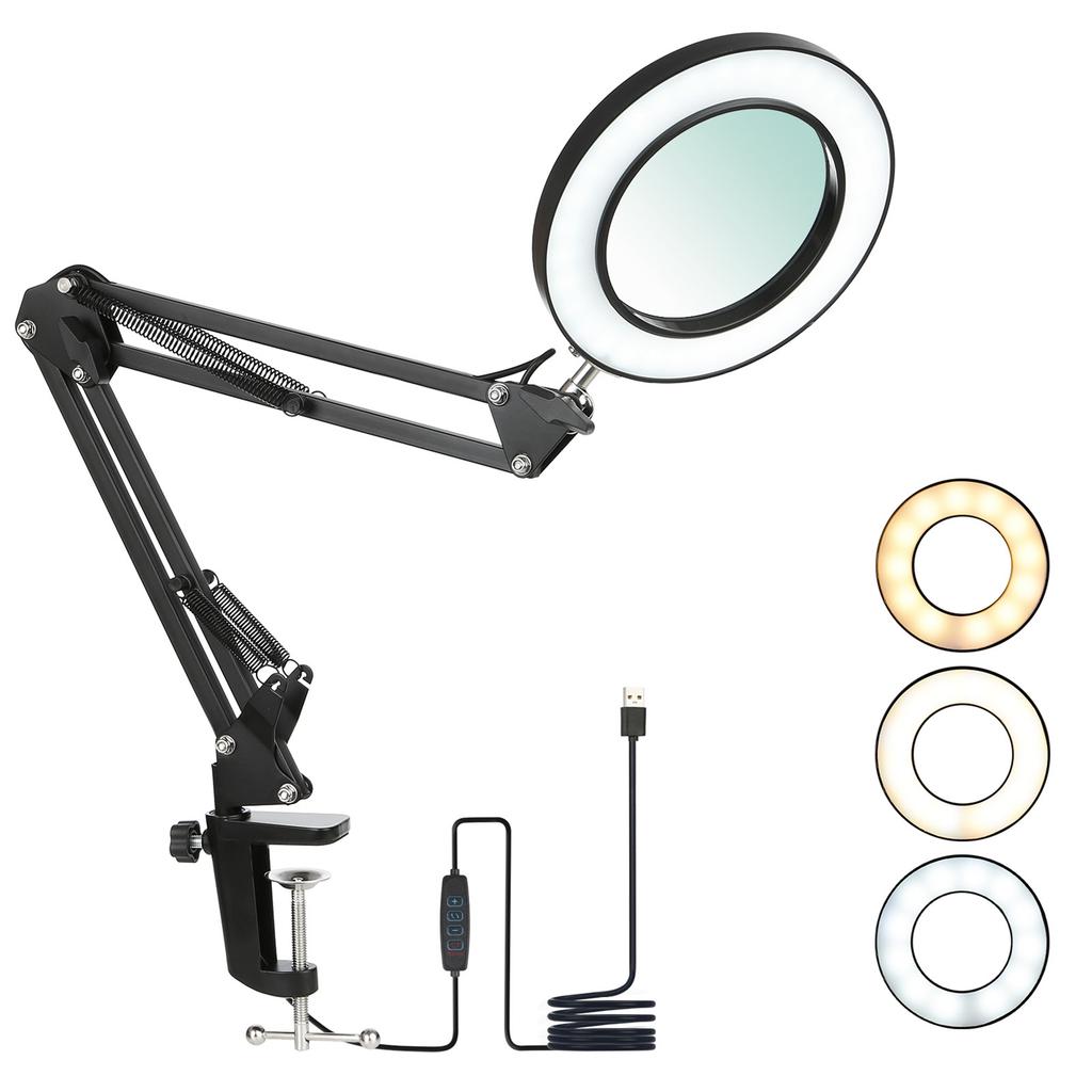 Flexible Clamp on Table Lamp with 8x Magnifier Swing Arm Dimmable LEDs Desk Light 3 Color Modes & 10 Brightness