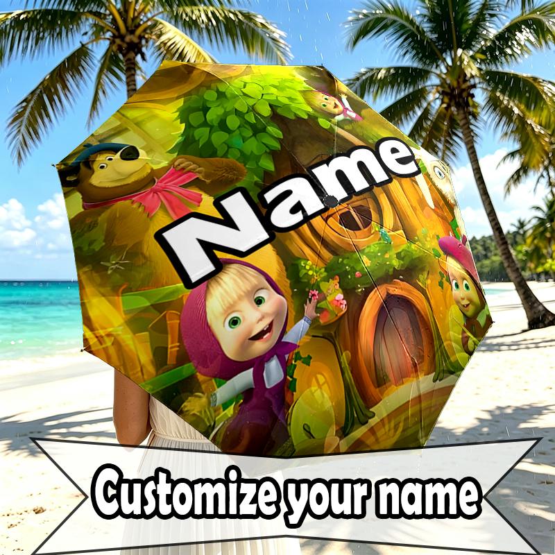 Custom Name Personalized Masha and The Bear Print Umbrella, Auto Open Close, 8‑Rib Sturdy Frame, Commute Camping Hiking Use, Birthday Gift