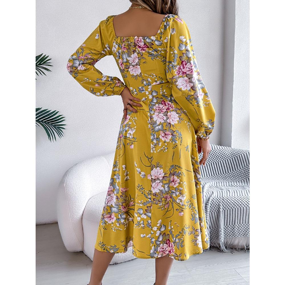 Spring Summer Sexy Tie Knot Floral Long Sleeve Split Dress Women's Dresses Skirt