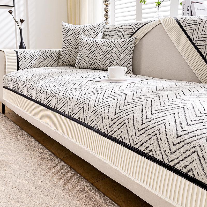 Chenille Sofa Cushion Modern Four Seasons Universal Non-slip Sofa Cover Splicing Geometric Stripes Couch Cushion Backrest Towel