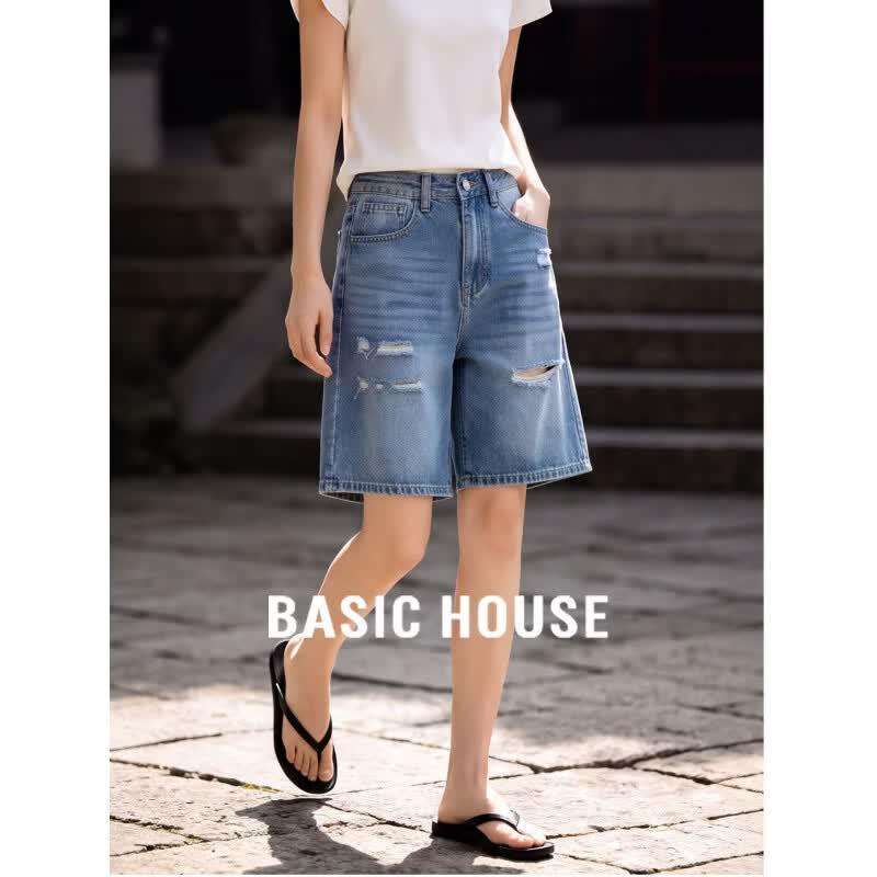Basic House Women s Ripped Loose Straight Leg Cropped Jeans S