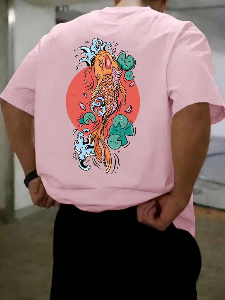 Japanese Koi Fish Mens Tshirt Loose Shortsleeved Summer Casual Pure Cotton Retro Clothing Suitable for Both Men Women