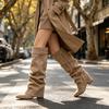 Stivali Alti da Donna Pieghettati Morbidi Sulla Ginocchia Retro Finta Pelle Scamosciata Punta Appuntita Tacco Blocco Stivali Alti Scarpe