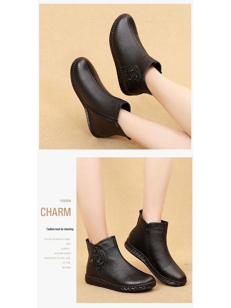 Women's Genuine Leather Winter Plush Ankle Boots - Comfortable, Non-Slip, Soft Flat Bottom for Middle-Aged & Elderly