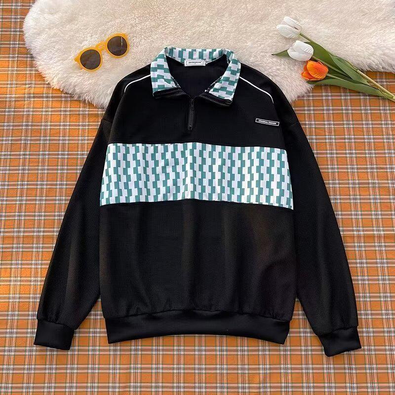 Men's Spring Casual Checkerboard Polo-Collar Sweatshirt - Retro, Loose-Fit Fashion Trend