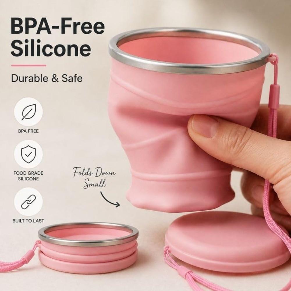 with Lid Mini Silicone Cup with Strap Folding Water Cup Durable Portable Pocket Cup  Outdoor Use