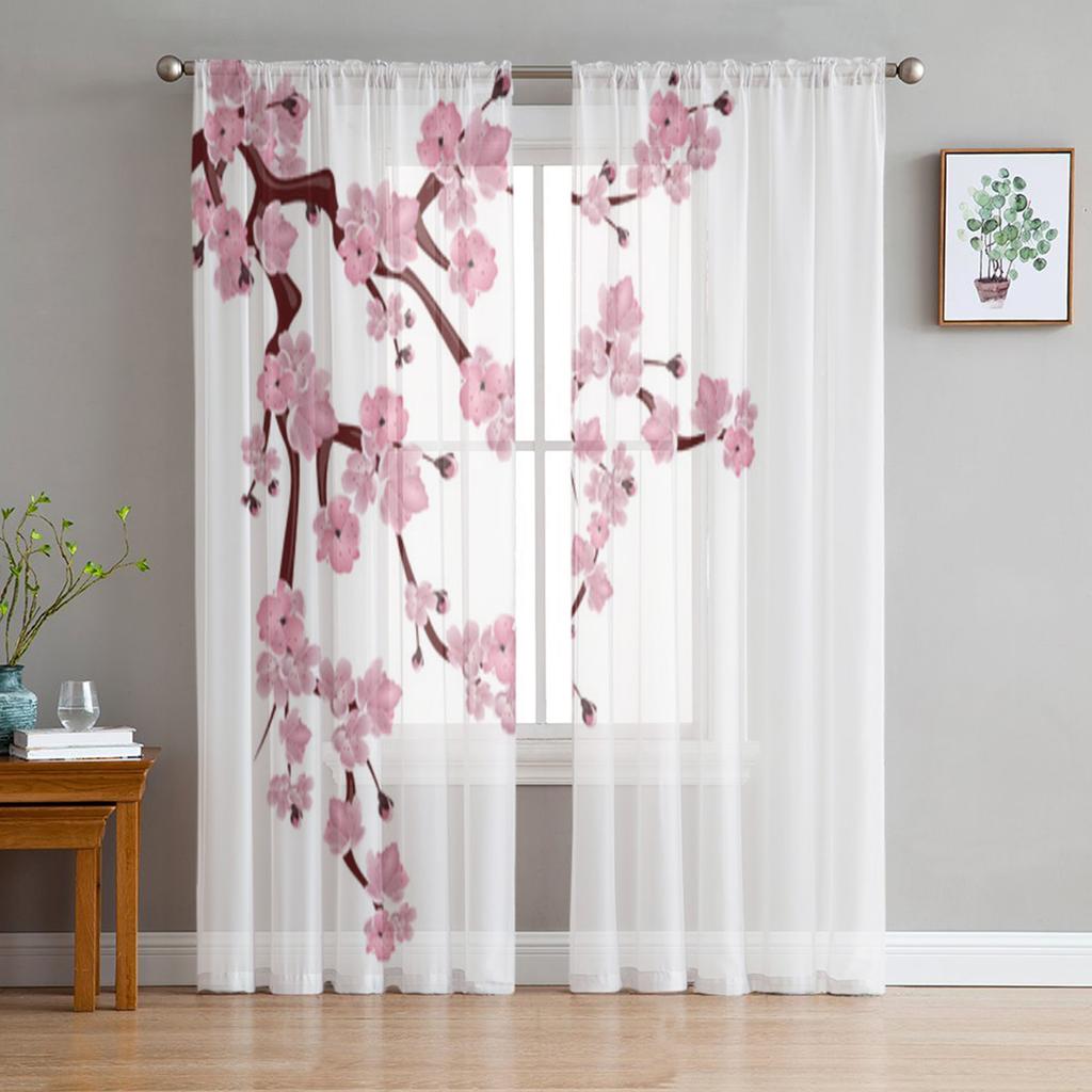 Cherry Blossom Branches Sheer Curtains For Living Room Bedroom Tulle Window Drapes Panel