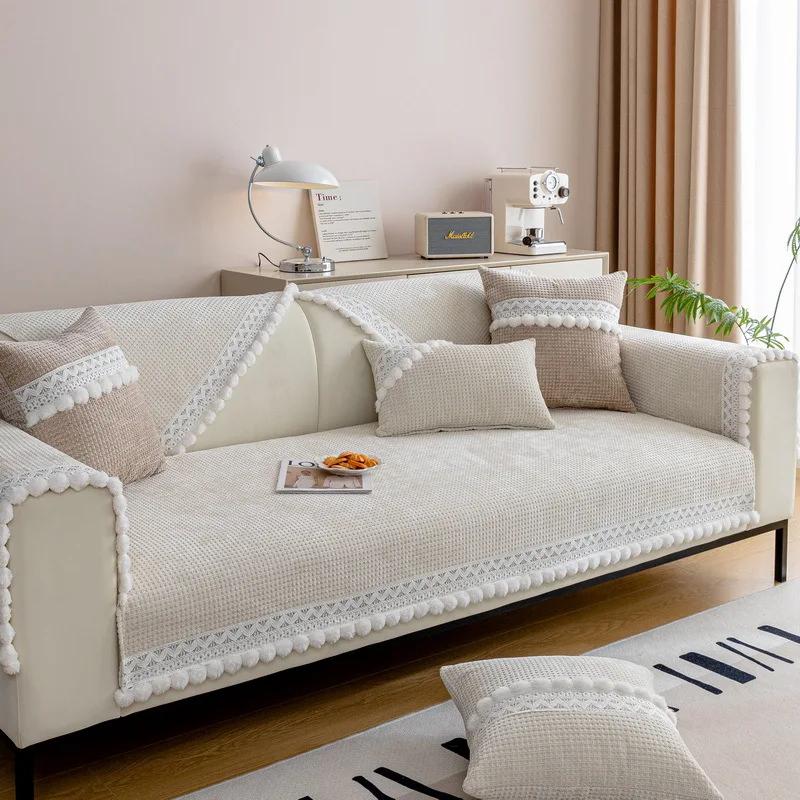 Pernă de canapea din chenille Anti-alunecare Pernă de canapea în formă de L, rezistentă la uzură, cu husă de canapea cu margine de bilă de blană Față de pernă Husă de canapea Waffle