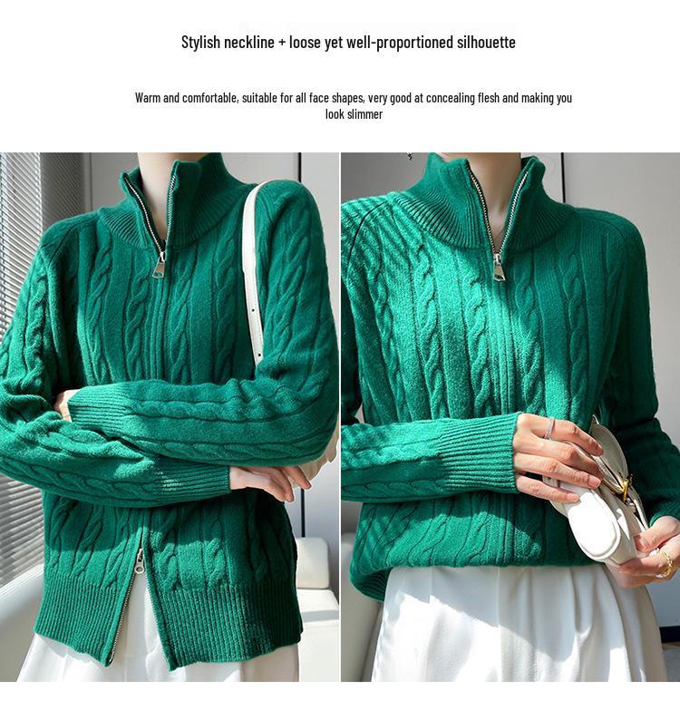 Women's Wool Zipper Knit Cardigan Sweater with Lapel