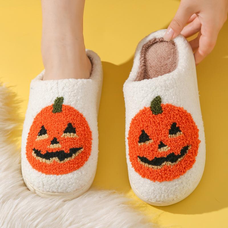 Winter Skull Print Halloween Plush Lined Warm Bag Toe Shoes Plush Home Indoor Cotton Slippers