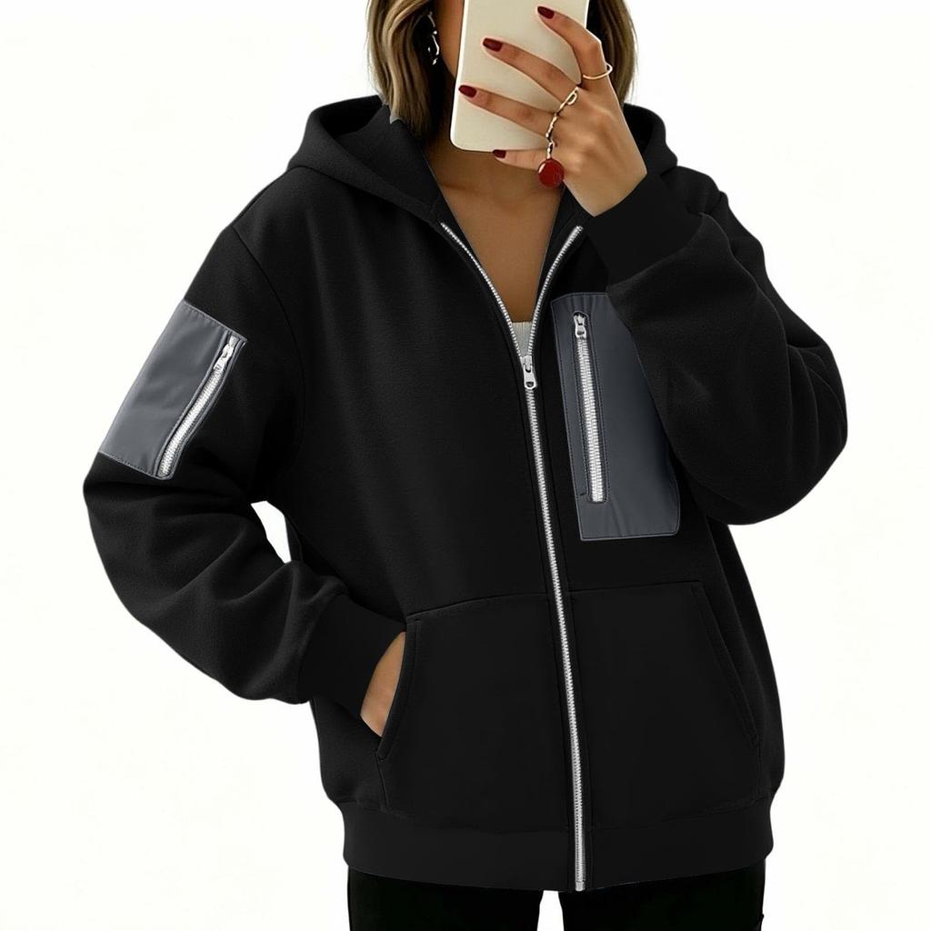 Women's Full-Zip Hooded Patchwork Sweatshirt Jacket for Casual Everyday Wear