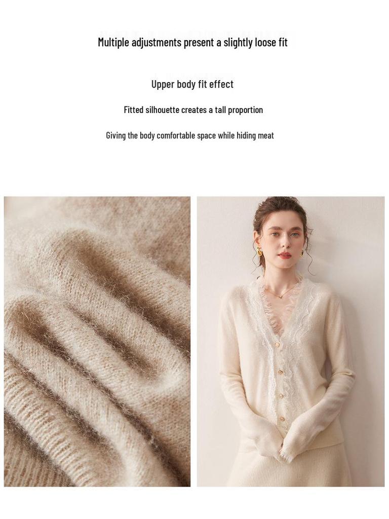 2025 Herbst/Winter Damen V-Ausschnitt Kaschmir Spitzen Strickjacke