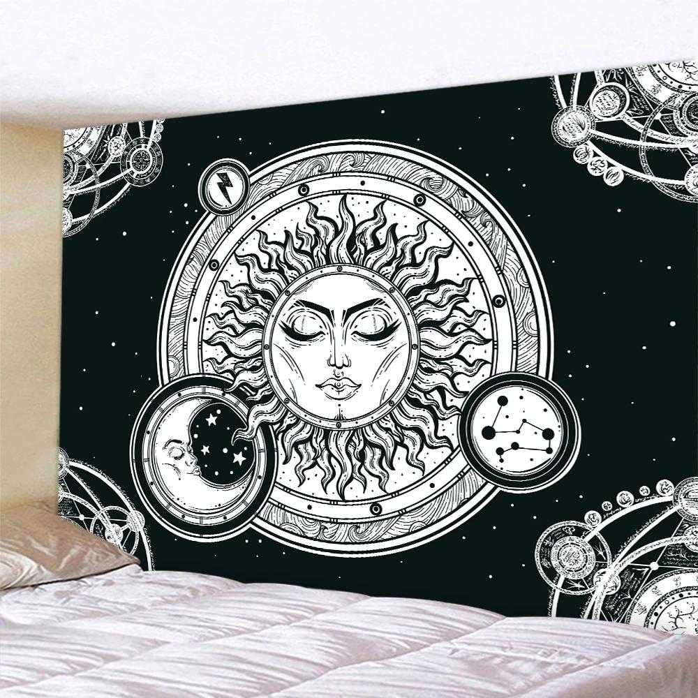 VIKAMA Black and White Sun and Moon Tapestry Mysterious Mandala Wall Hanging Meditation Room psychedelic Witchcraft Decoration