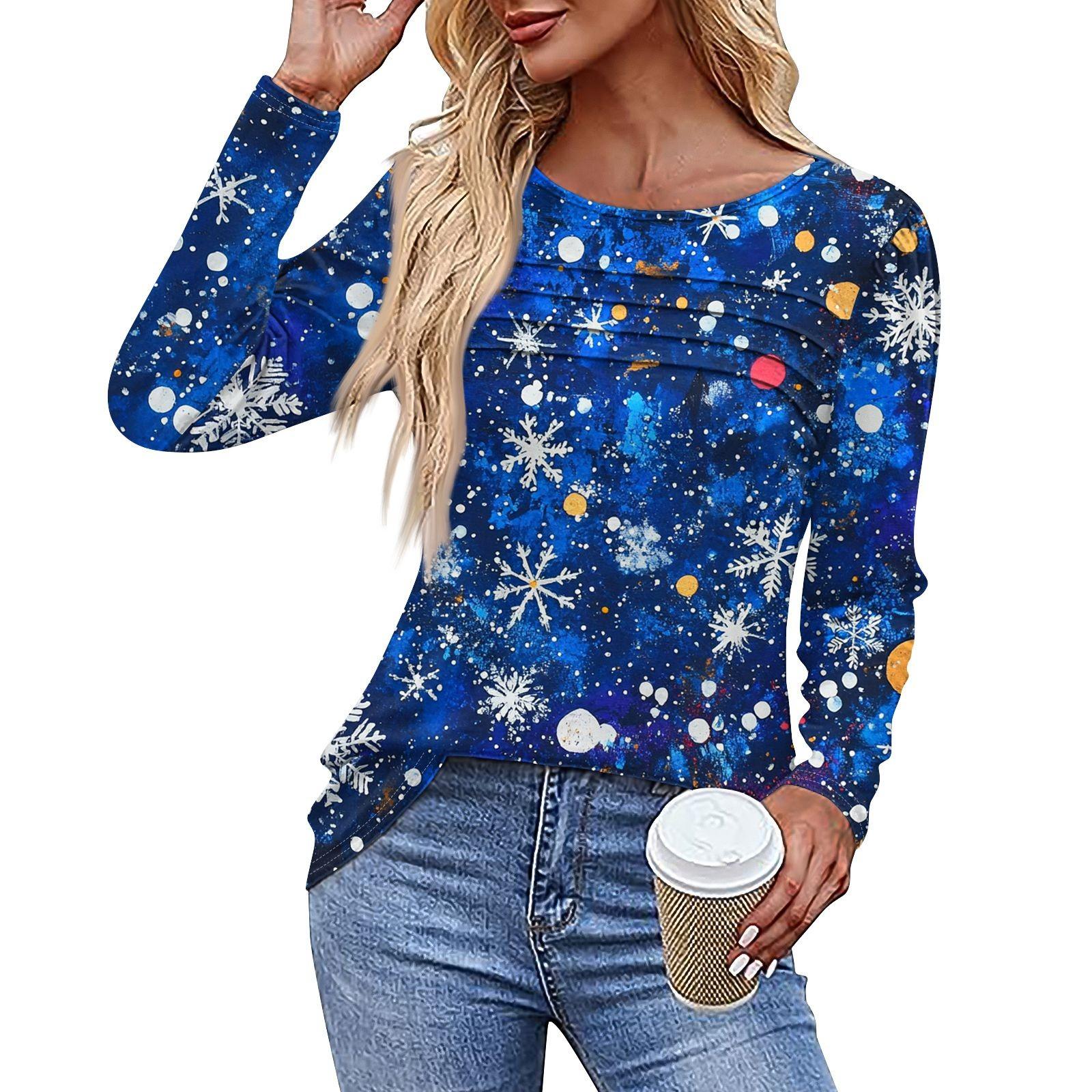 Женская повседневная модная футболка с круглым вырезом и длинными складками на Рождество — фото 5