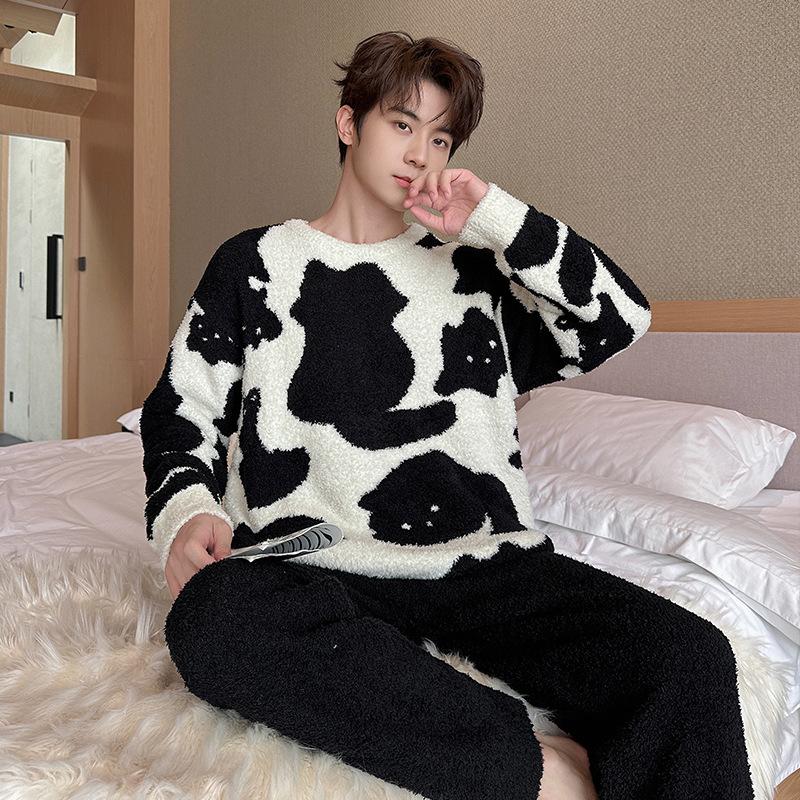 Black and White Kitten Couple Autumn and Winter Warm Pajamas Set Cute Cartoon Long-sleeved Trousers Couple Loungewear Can Be Worn Outside