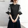 ZANZEA Women Casual Stand Collar Print Splice Half Sleeve Loose Blouse