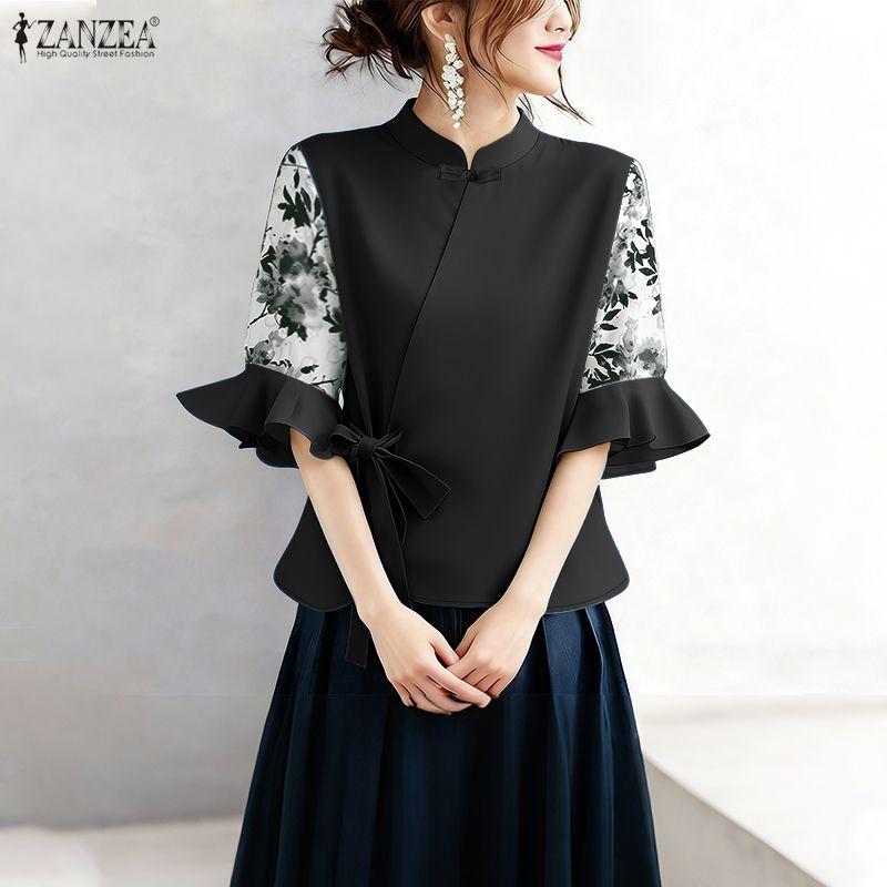 ZANZEA Women Casual Stand Collar Print Splice Half Sleeve Loose Blouse