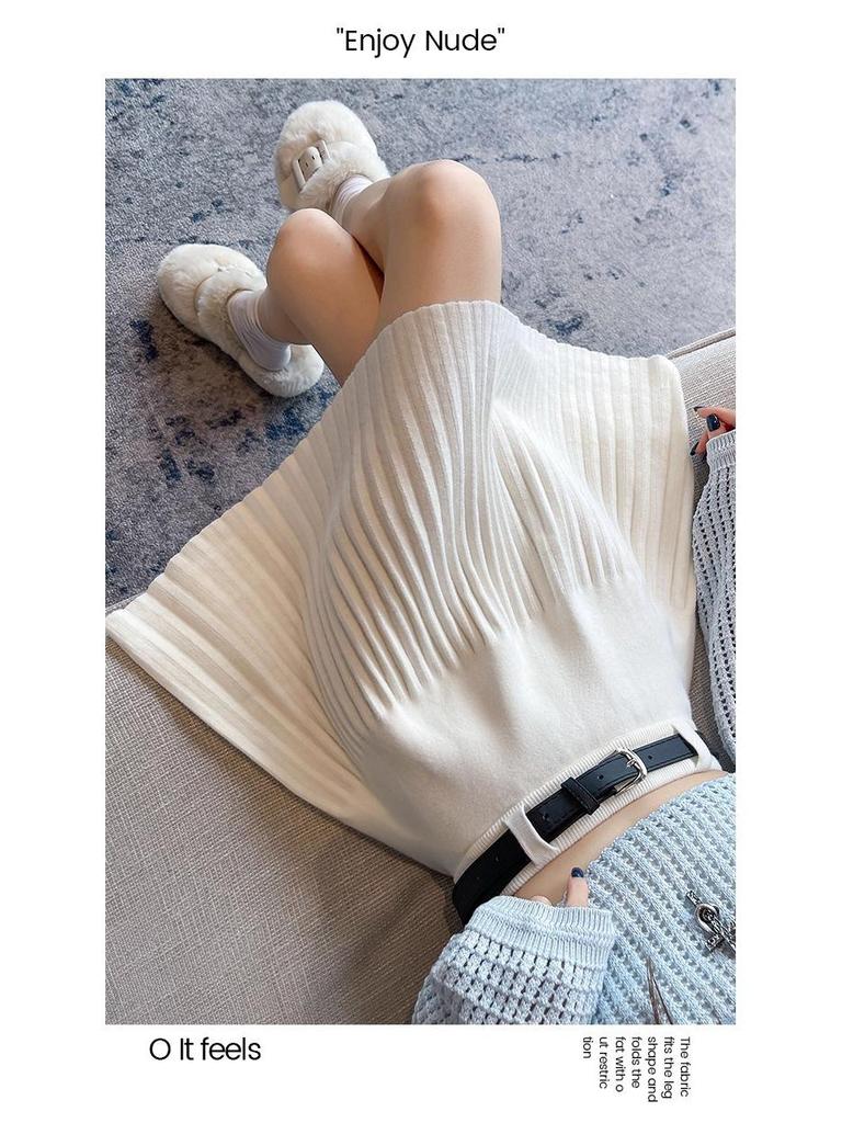 Women's Petite High Waist Knitted A-line Pleated Umbrella Skirt for Autumn and Winter