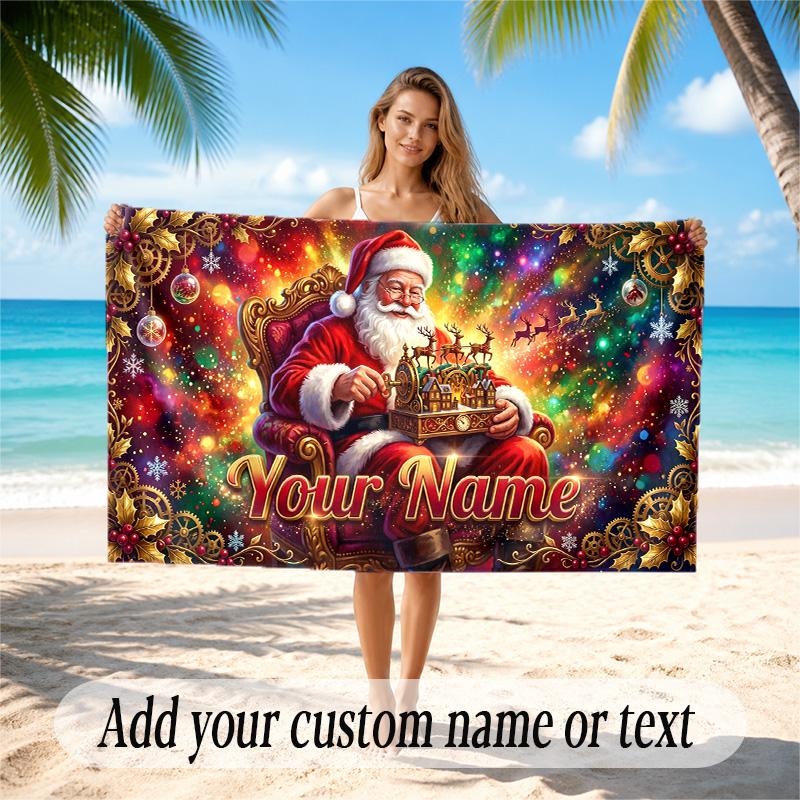 Christmas Theme Quick Dry Beach Towel Custom Name Text Print Large Sand Resistant Towel Beach Vacation