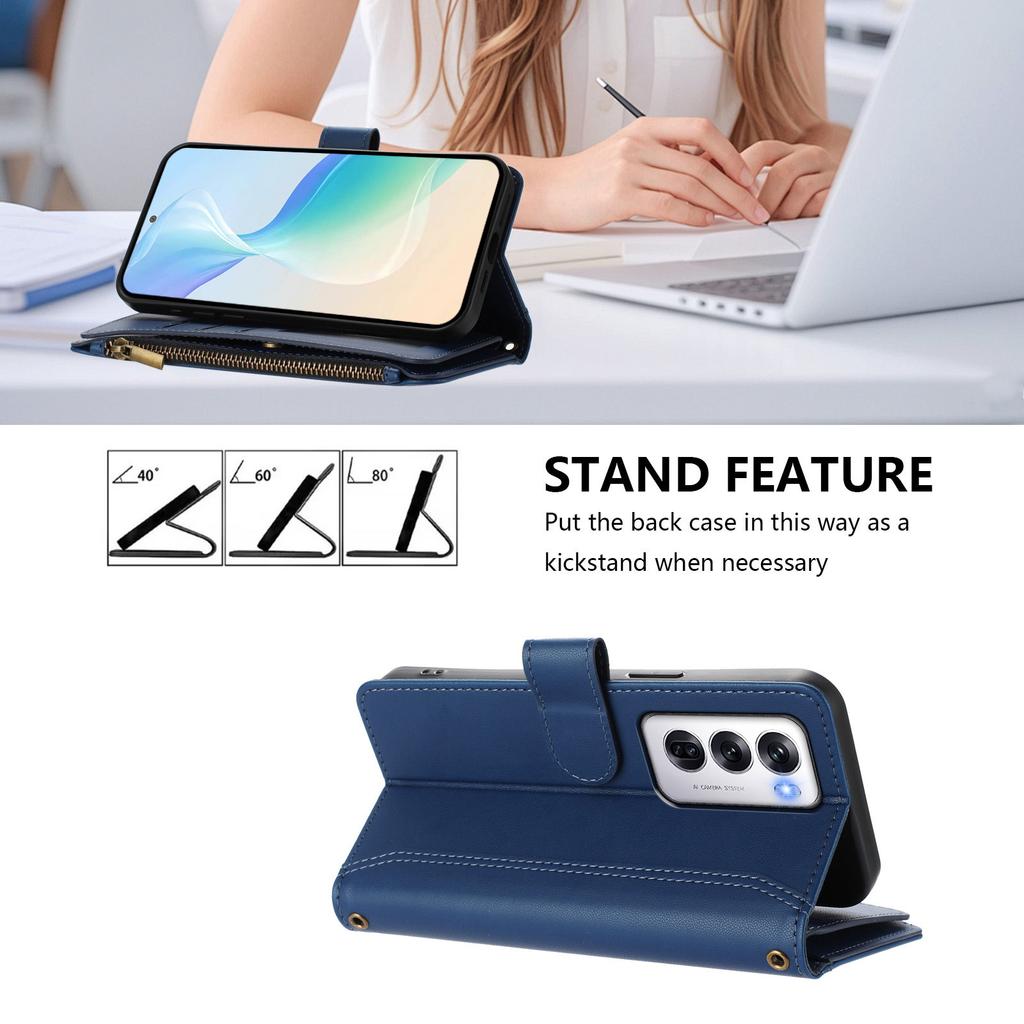 For Oppo Reno12 5G (Global) Leather Case 9 Card Slots Zipper Wallet Stand Phone Cover with Wrist Strap