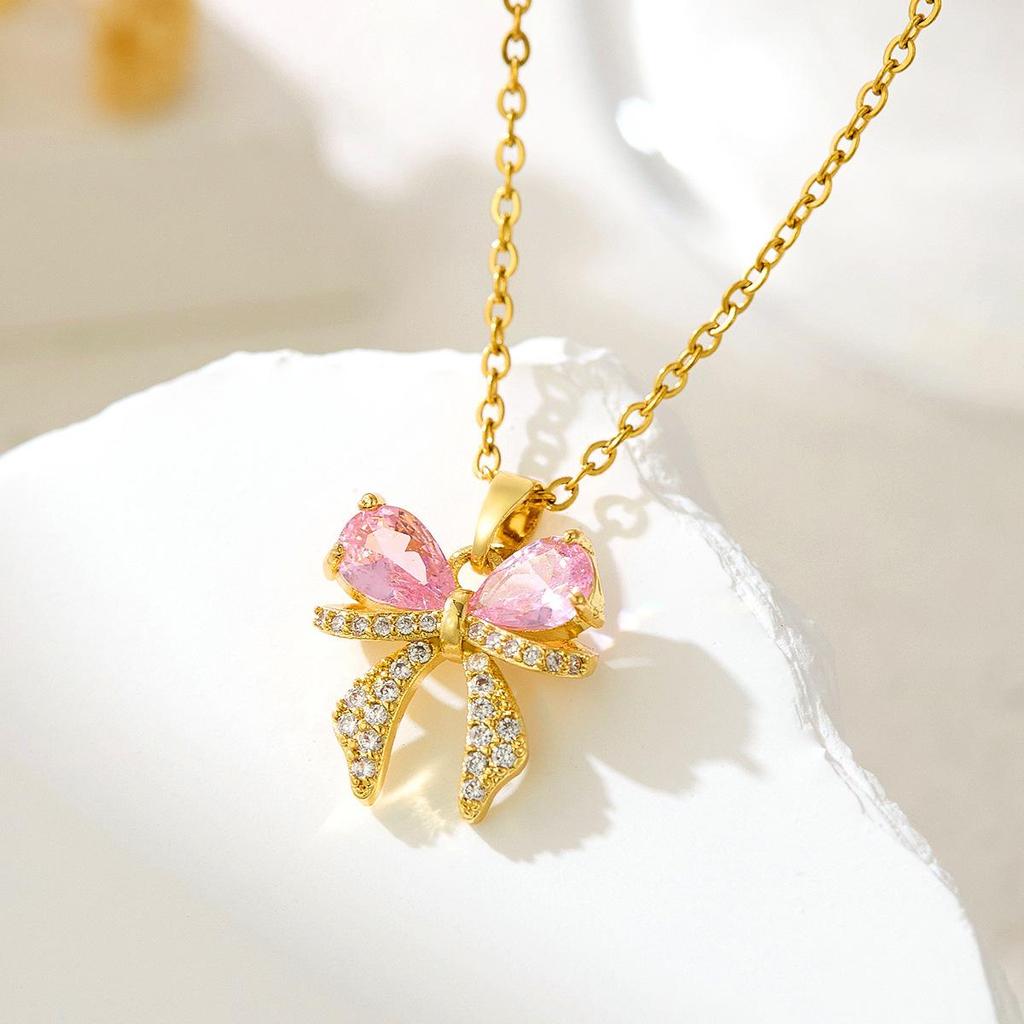 Sweet Zircon Bow Necklace - Women’s Titanium Steel Design