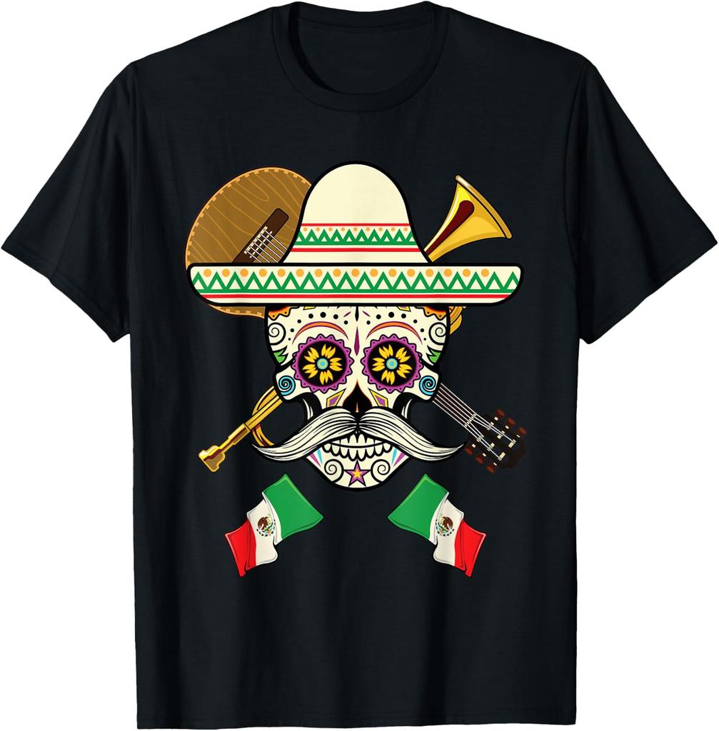 Sugar Skull Shirt Guitar & Sombrero Mexican Fiesta T-Shirt