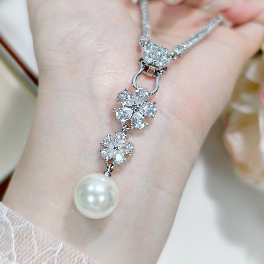 Luxury Natural Freshwater Pearl Bridal Jewelry Sets For Women Fashion Shiny Snowflake Zircon Earrings Necklace Ring Jewelry Gift