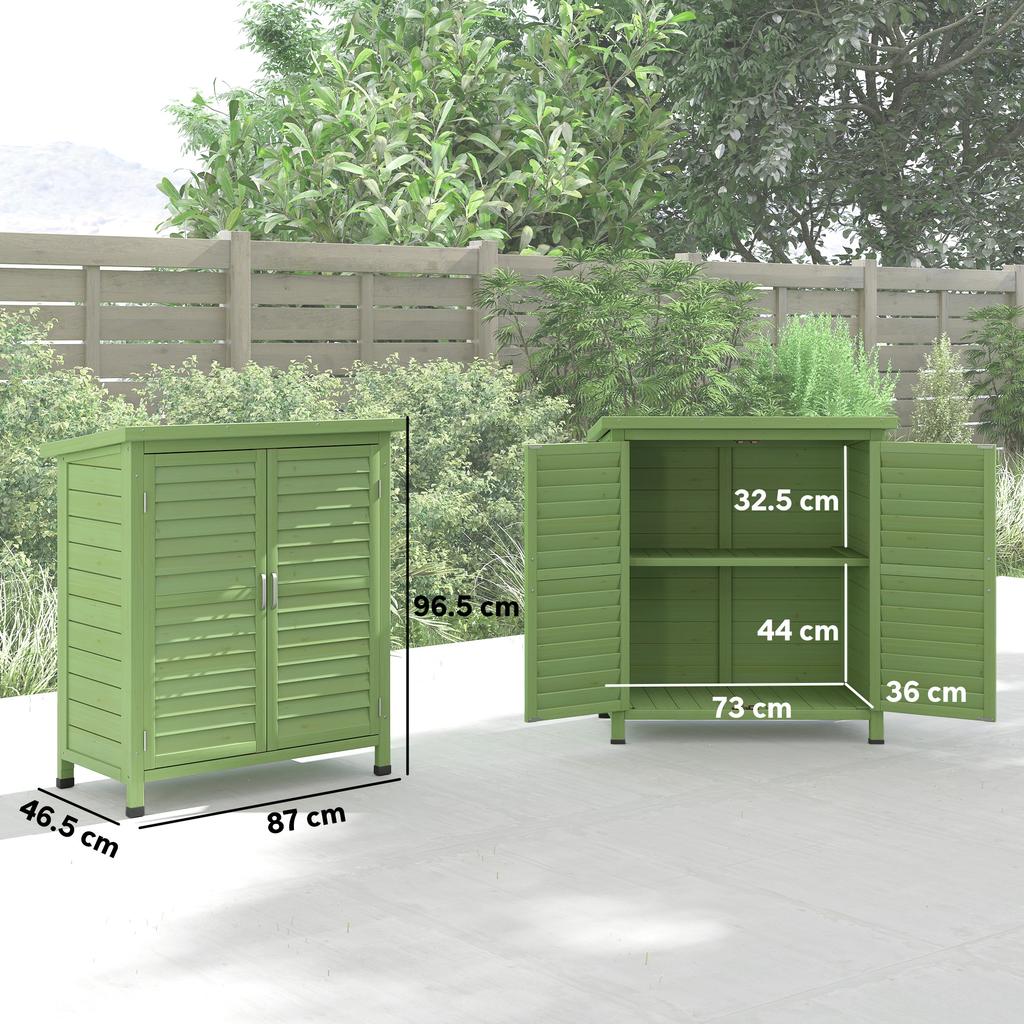 Garden Shed Wooden Garden Storage Shed 2 Door Unit Solid Fir Wood Garage Tool Organisation Cabinet, 87L x 46.5W x 96.5Hcm, Green
