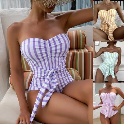 Women One Piece Swimsuit Strapless Bandeau Tie Front Ruched Detail High Cut Leg Swimwear Bathing Suit