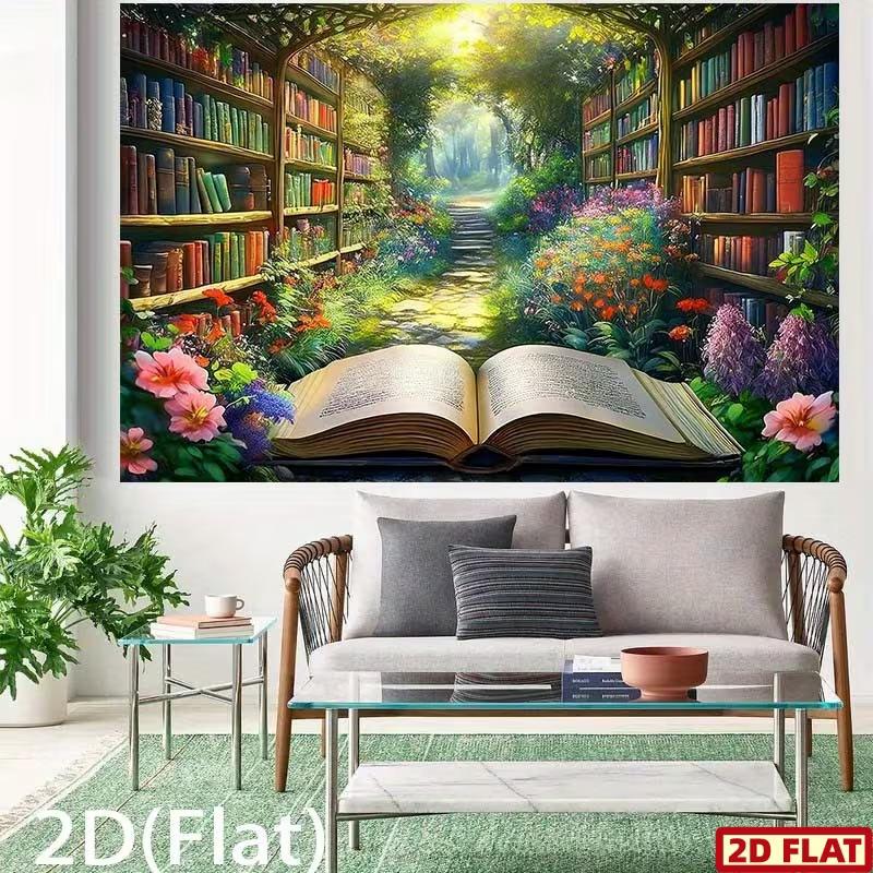 2D Whimsical Book Garden Banner, Open Book with Enchanted Forest Art