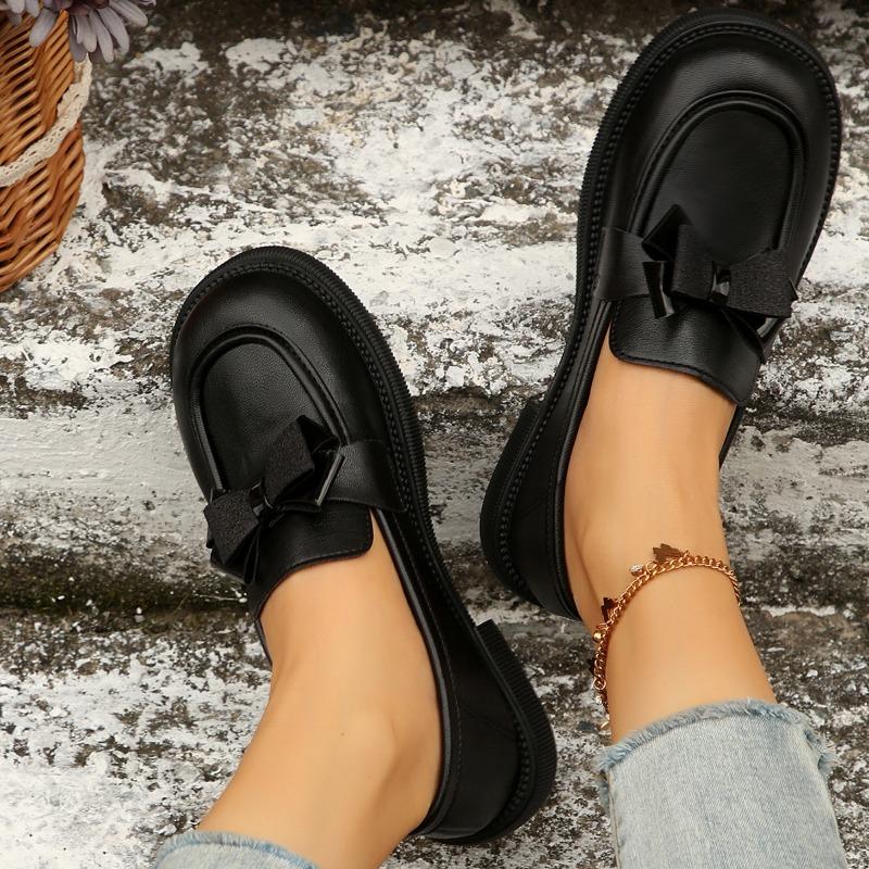 New spring and autumn soft-soled single shoes women's bow retro thick-soled small leather shoes women's thick heel