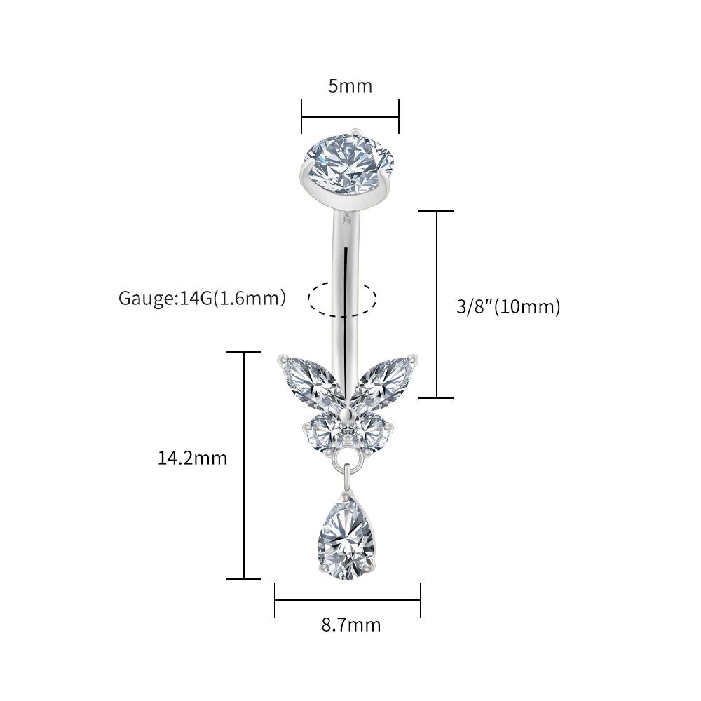 Right Grand ASTM F136 Titanium Butterfly CZ Dangle Belly Button Ring 14G Teardrop Drop Navel Curved Barbell Piercing Jewelry