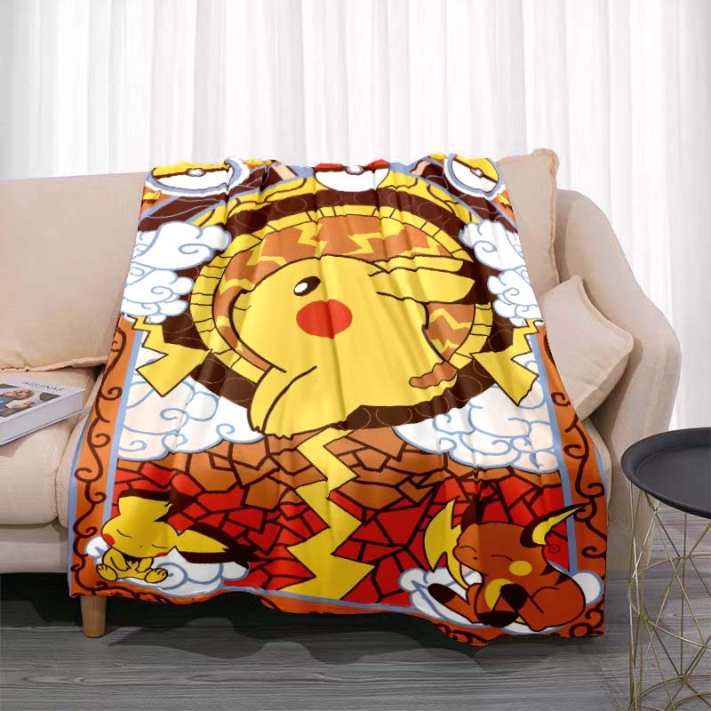 Cartoon Card Pokemon Pikachu Flannel Blanket Figures Home Sofa Lunch Break Blankets Children Student Blanket Nap Cover Kids Gift